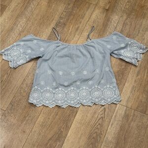 Rebellion Light Blue Striped Off-Shoulder Embroidered Top